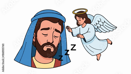 A sleeping man in a blue head covering with an angel reaching out to him