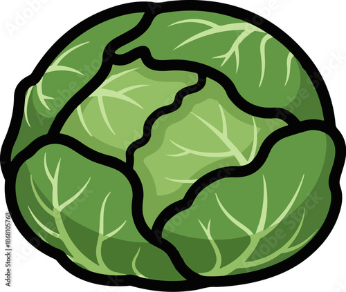 A simple green cabbage with thick black outlines and shading