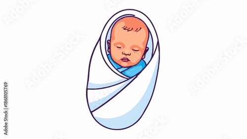 A sleeping baby wrapped snugly in a white blanket with blue accents