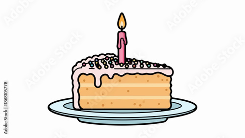 A slice of layered cake with pink frosting, colorful sprinkles, and a lit candle