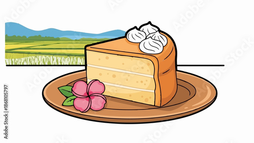 A slice of orange cake with cream and a flower rests on a plate before a pastoral landscape