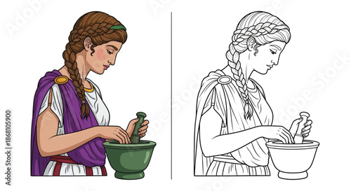 Ancient Greek Woman Preparing Food in Kitchen Historical Culinary Scene Color and Sketch Art