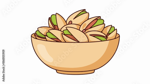 A simple illustration of a light brown bowl overflowing with shelled pistachios, showcasing their green kernels and beige shells