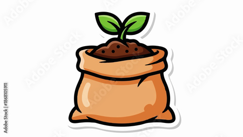 A small brown burlap bag overflowing with dark soil and a tiny green sprout