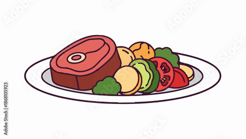 A simple illustration of a meat steak and vegetables on a white plate
