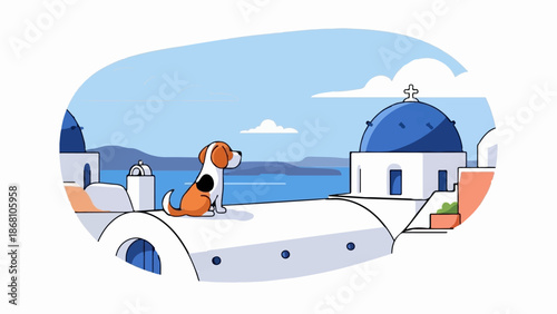A small dog looks out over a blue sea from a white rooftop with blue domes