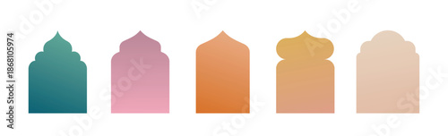 Collection of linear Islamic windows, mosque doors, frames and arches. Minimal golden Arabic oriental style elements for Ramadan Kareem and Eid Mubarak.