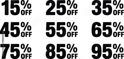 A collection of percentage off numbers ranging from 15% to 95% for various sales offers