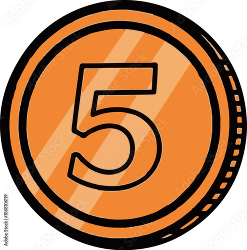 A simple illustration of an orange coin with the number five