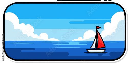 A simple illustration shows a red and white sailboat on a bright blue ocean under a sky with clouds