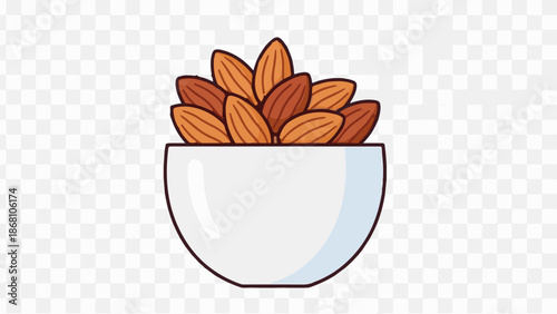 A simple illustration shows a white bowl filled with numerous brown almonds