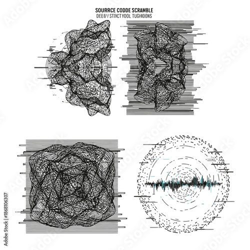 An intricate digital illustration featuring abstract scrambled source code patterns and structural tensions, conveying a sense of complex data corruption and technological disruption.