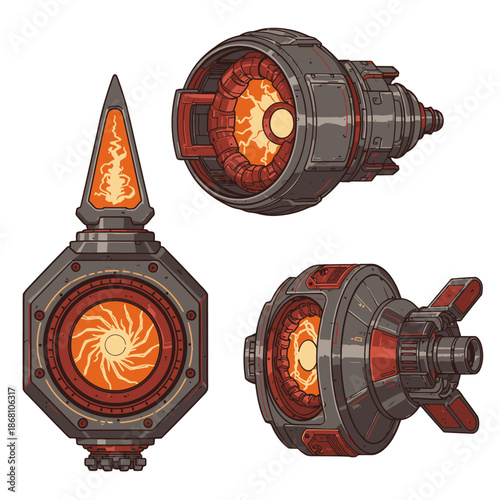 A futuristic, intricately designed mechanical device with a glowing energy core, presented in multiple views for detailed examination and conceptualization.