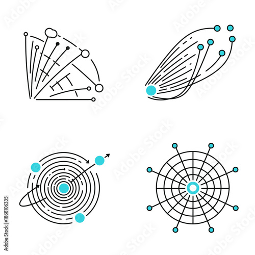 Dynamic line art icons illustrating intricate concepts of global data networks, scientific research, technological innovation, and digital communication systems.