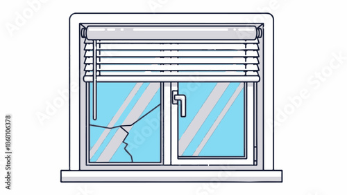 A simple line drawing of a window with blinds and cracked panes