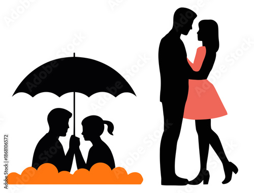 Two romantic silhouette scenes of loving couples