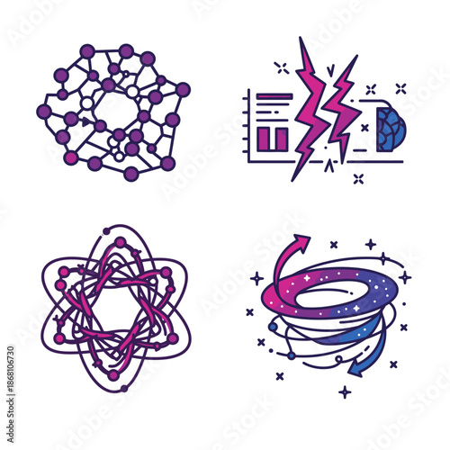 A vibrant collection of modern abstract vector icons illustrating complex scientific and technological ideas, presented with dynamic gradients.