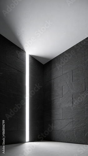 Minimal dark interior corner with vertical light slit in brutalist architecture, dramatic mood, Generative AI