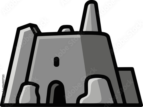 A simplified grey castle-like structure with a tall spire and arched entrance