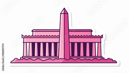A simple pink illustration of a monument with columns and an obelisk