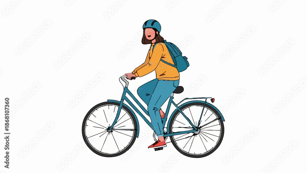 Naklejka premium A person rides a blue bicycle, wearing a yellow top, blue pants, a blue helmet, and a blue backpack