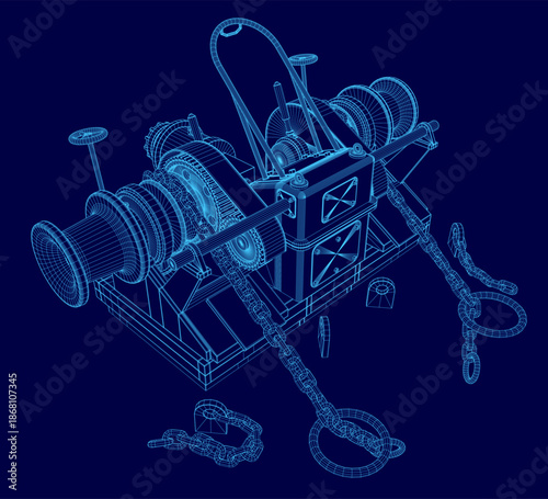 A detailed wireframe model of a ship's windlass winch with a chain, rendered in 3D on a solid blue background for technical or industrial visualization.