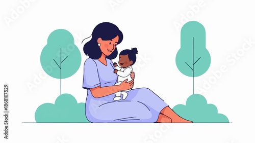 A smiling person gently holds a baby in a park-like setting with stylized trees
