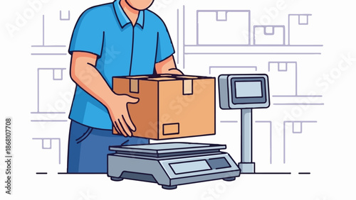 A person in blue shirt and pants places a box on a scale in a warehouse