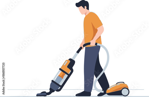 A person in an orange shirt and blue pants vacuums a floor with a modern vacuum cleaner