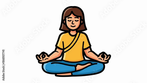 A person in a yellow shirt and blue pants meditates in a lotus pose