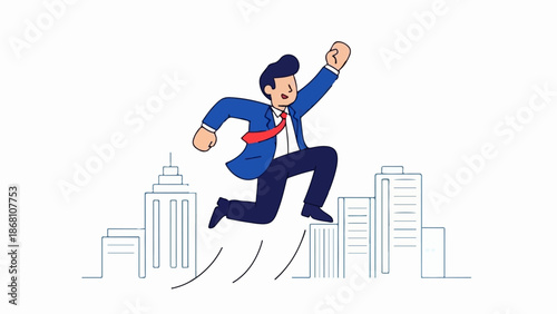 A person in a suit leaps joyfully over stylized city buildings