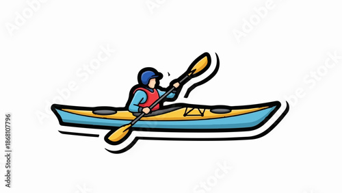 A person in a kayak paddling on white background