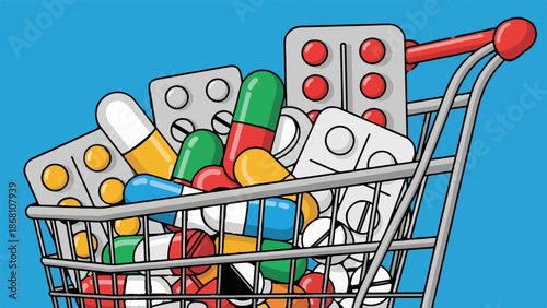 A shopping cart overflowing with various colorful pills, capsules, and blister packs