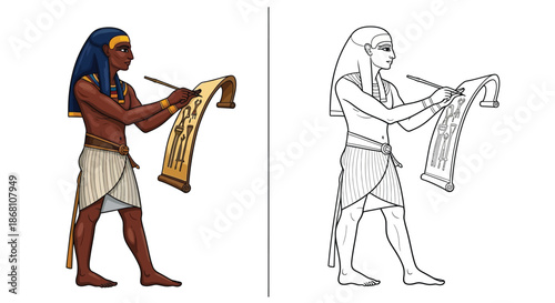 Ancient Egyptian Scribe Illustration Comparison of Colored and Detailed Line Art Versions