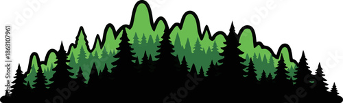 A silhouette of a dense forest with varying shades of green evergreen trees