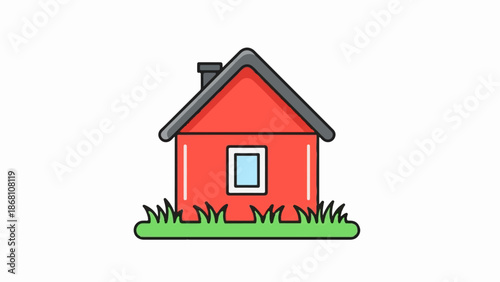 A simple red house with a grey roof, a chimney, and a single blue window, sits on green grass