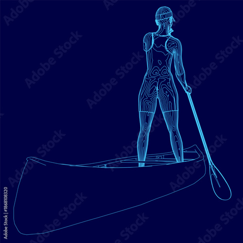 A determined woman stands in a light blue canoe, gripping a bright yellow paddle while wearing a life jacket. She is ready to take on the waves.