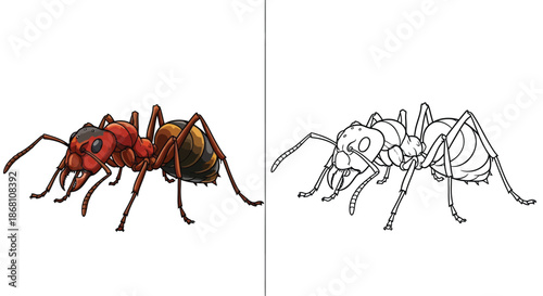 Ant Illustration Comparison Featuring Colored and Line Art Versions on White Background