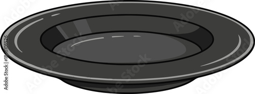 A simple, dark, and wide shallow bowl or dish with curved sides and a smooth reflective surface