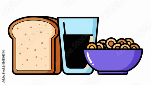 A simple breakfast bread slices, a glass of dark liquid, and a bowl of cereal