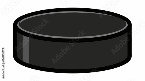 A simple, flat, black hockey puck with a grey outline, isolated on white