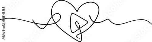 Minimalist heart and play media icon, single line art illustration.