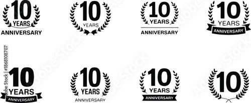 A varied set of black and white icons celebrating a ten year anniversary with laurel wreaths and bold numbers