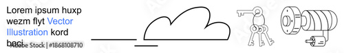 Data protection, cloud security, digital access, cybersecurity, technology concepts, online storage. Minimalist cloud shape, keys lock cylinder outline. Data protection and cloud security concept