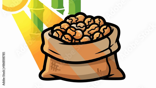 A sack of nuts under a sunbeam and bamboo stalks