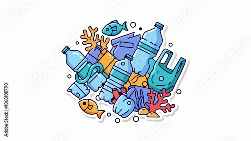 A pile of plastic waste in the ocean with fish and coral