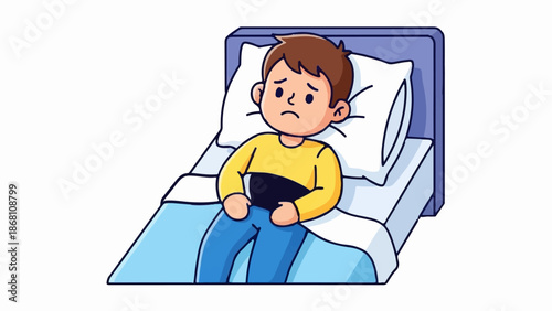 A sad child is sick in bed, feeling unwell and unhappy