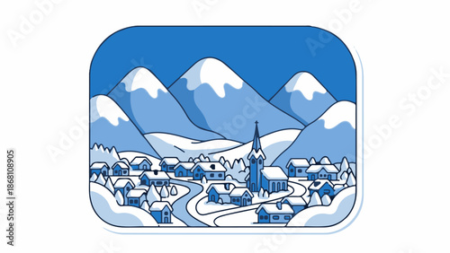 A quaint snow-covered village nestled among rolling mountains under a clear blue sky