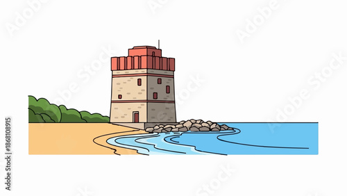 A quaint stone tower stands by the sea on a sandy beach