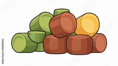 A pile of cylindrical shapes in green, brown, and yellow